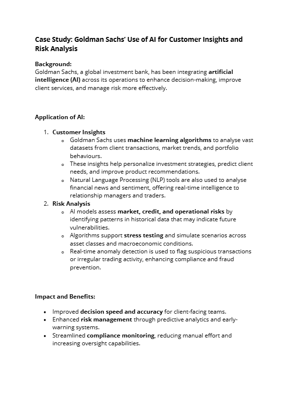 Case Study- Goldman Sachs Use of AI for Customer Insights and Risk Analysis